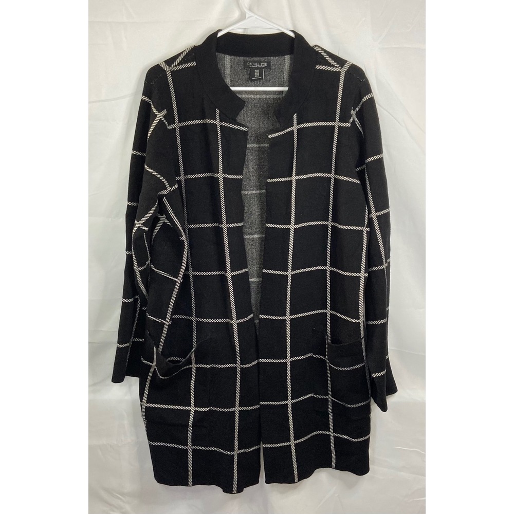 Rachel Zoe Black White Windowpane Plaid Open Front Cardigan Sweater Plus Size 1X - Picture 11 of 12